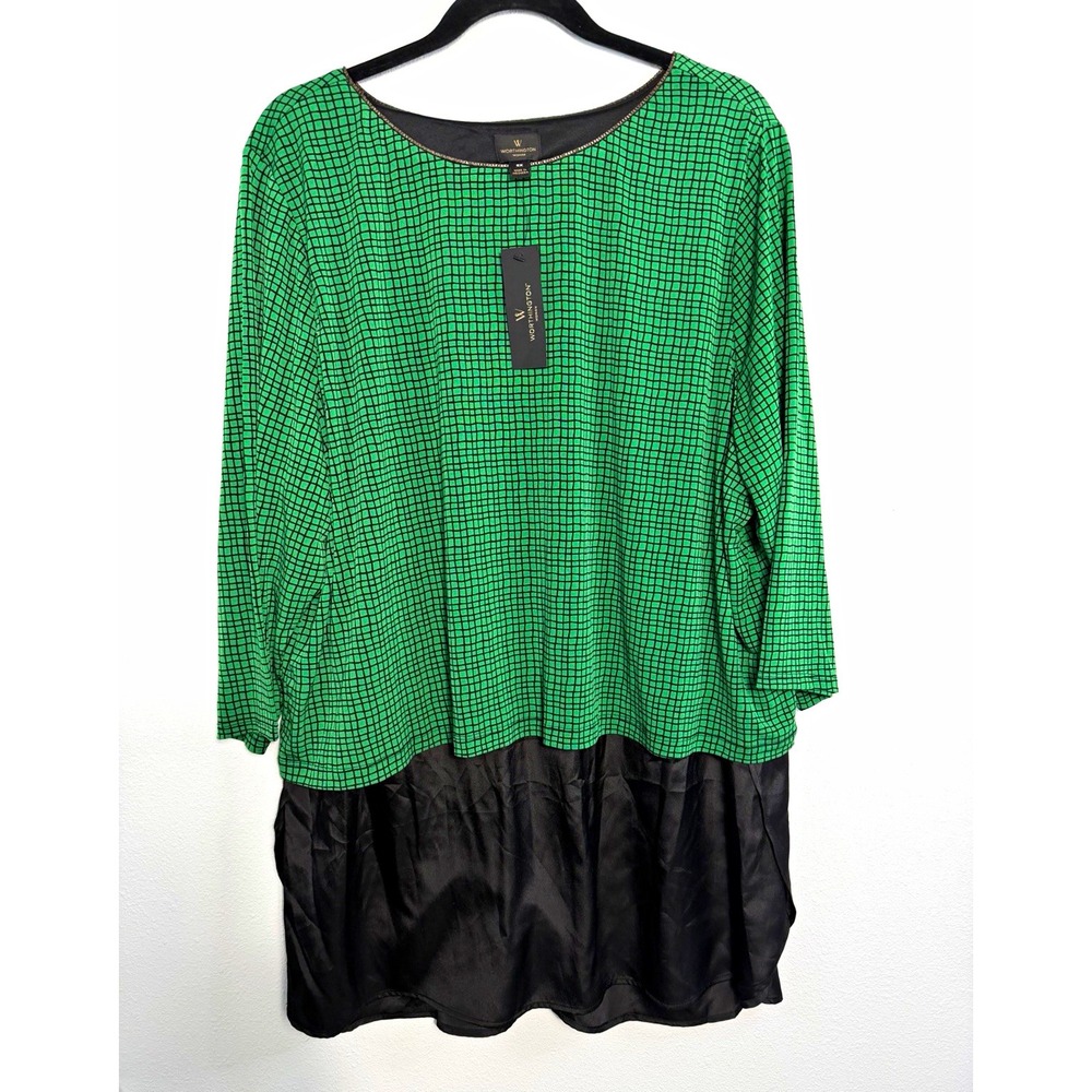 Worthington Plus Size 2X Green & Black Geometric Scoop Neck Woven Tunic Blouse